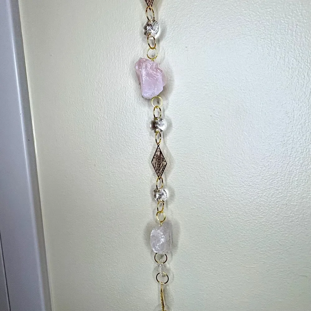 Raw Amethyst, Rose Quartz, Crystal Quartz Gemstone Wall Hanging, Crystal Prism